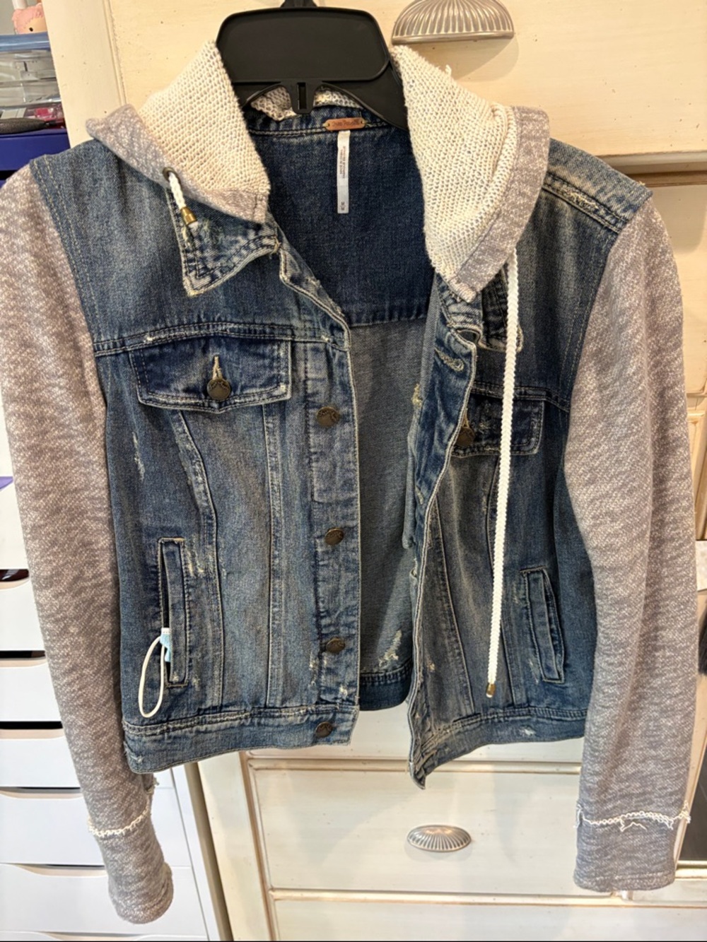 Free People Two-Tone Denim Jean Jacket with Gray Knit Hoodie
